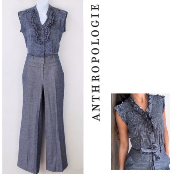 Elevenses Gray and Blue Ruffle Detail Jumpsuit - Picture 1 of 15